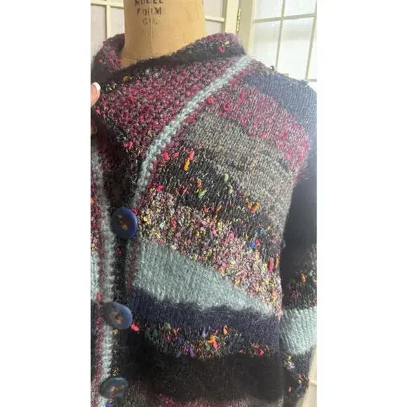 Anthropologie Rare Patchwork Hand Made Clay Button Striped Cardigan Free Size - Picture 2 of 15